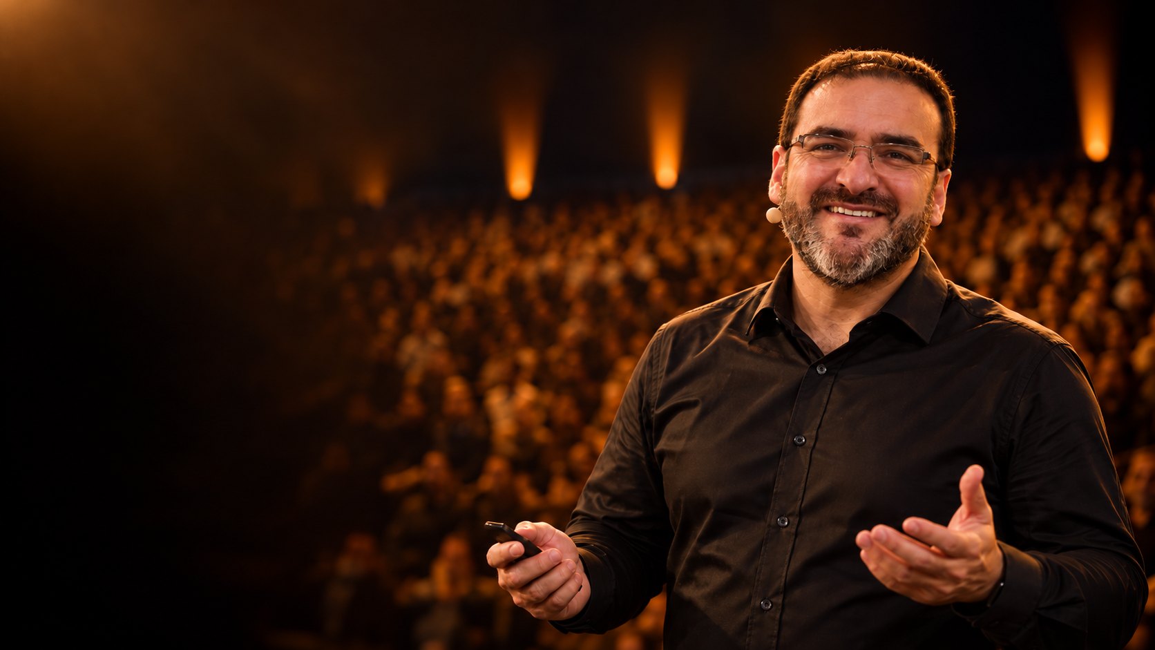 Jerson Fuentes, fundador de Andronikos, da una charla ante un gran auditorio, con camisa negra y una sonrisa