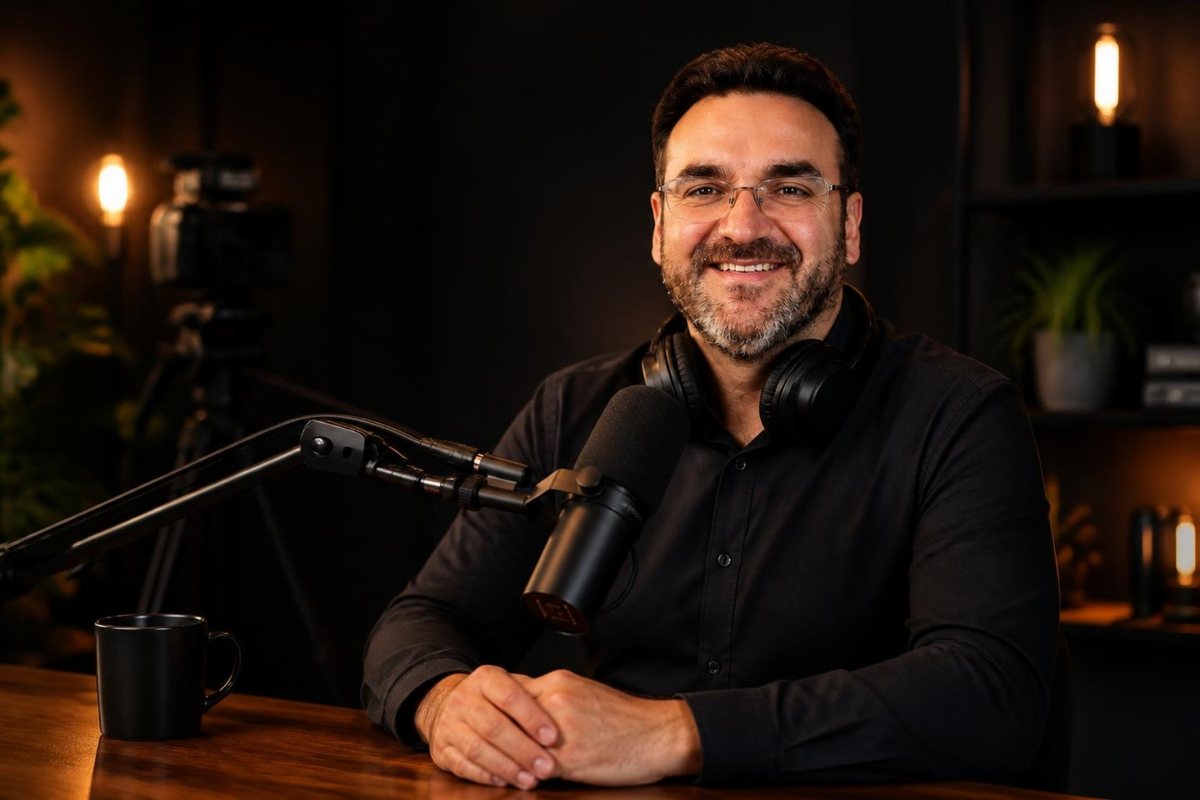 Jerson Fuentes conversa frente a un micrófono en un estudio de podcast, con audífonos y camisa negra